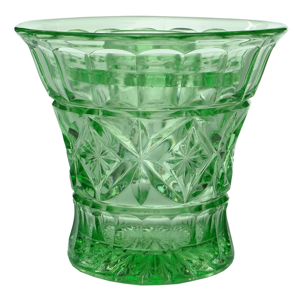 Glassware. Ornate green depression glass vase with frog.
