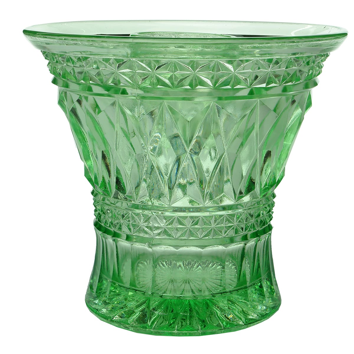 Glassware. Ornate green diamond pattern depression glass vase with frog.