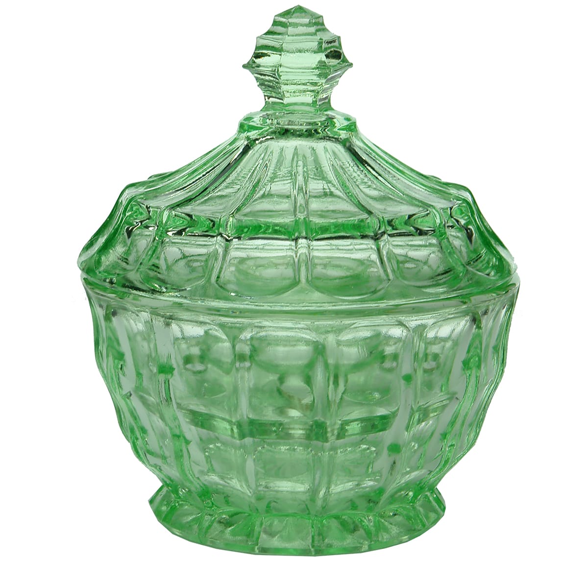 Glassware. Round green lidded depression glass bowl with frog.