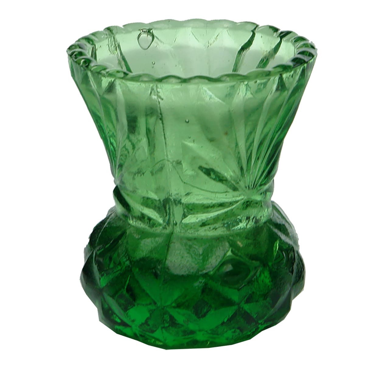 Glassware. Very small green thistle vase.