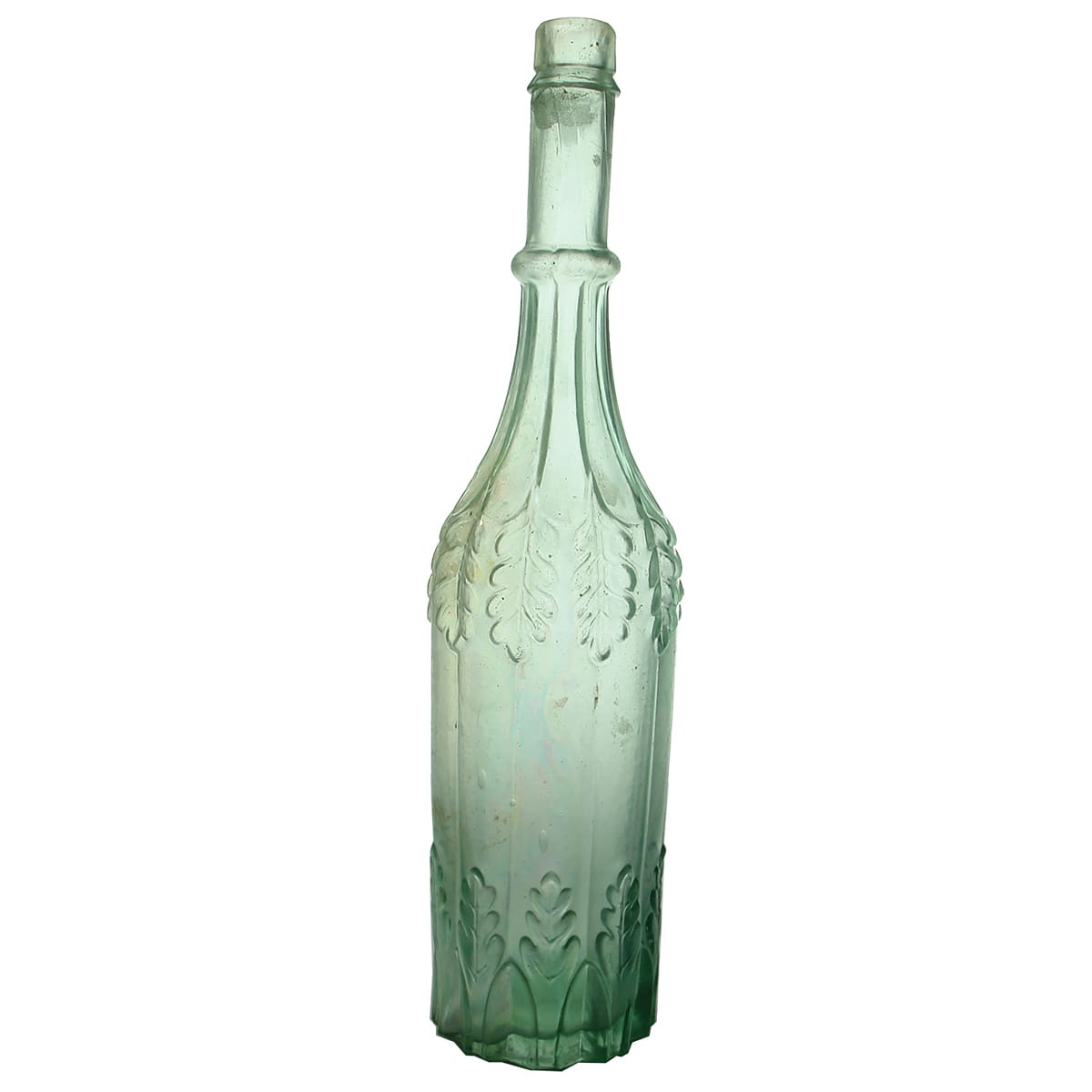 Goldfields. Robert Thin, Leaf Bottle. Aqua. 26 oz.