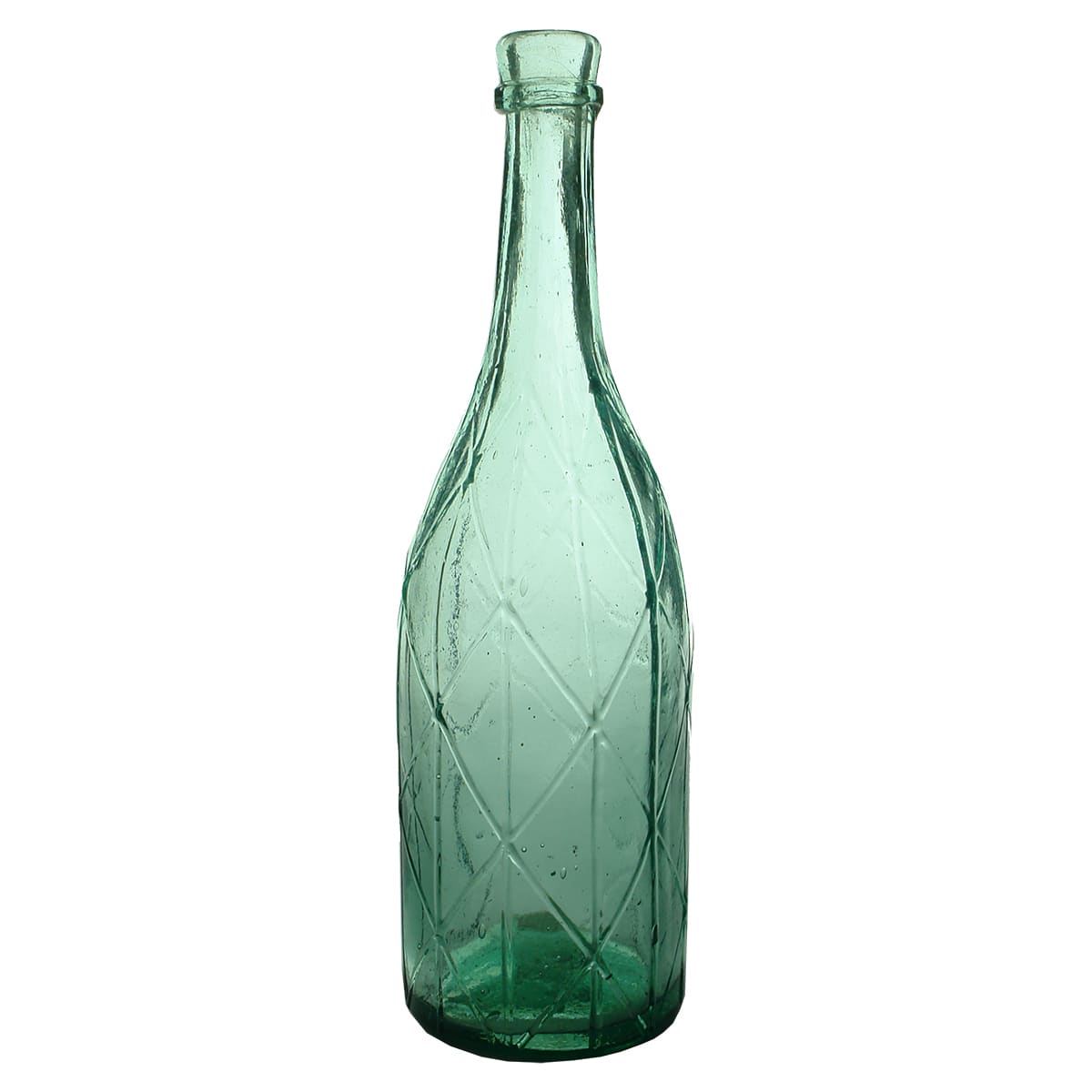 Goldfields. Large flared lip bottle with diamond lattice pattern to body.  Aqua.  26 oz.