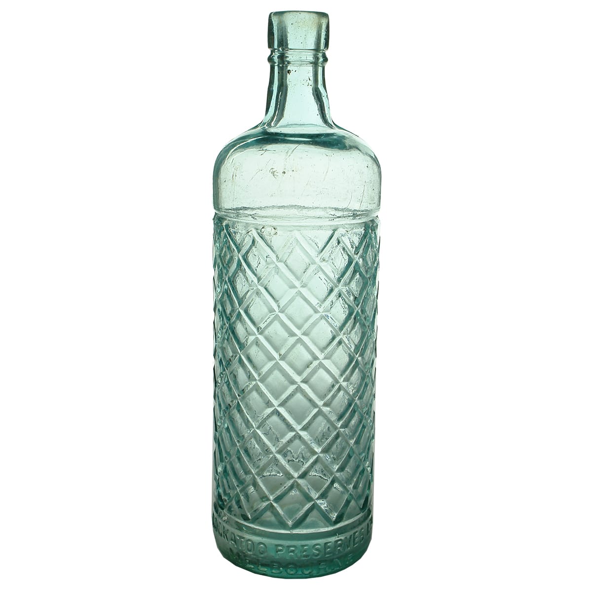 Cordial. Aqua. 26 oz. Cockatoo Preserves, Melbourne. Diamond pattern to body. (Victoria)