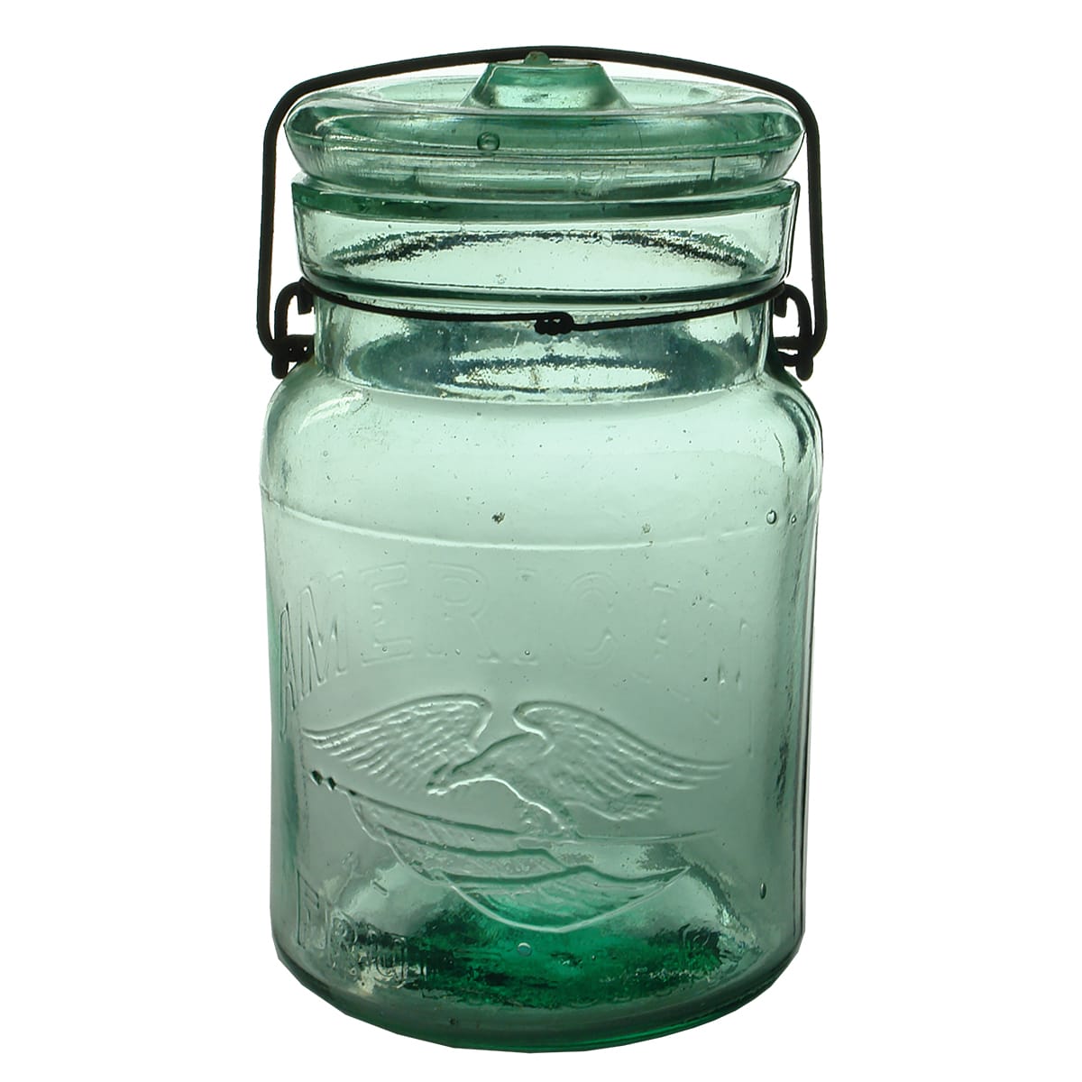 Fruit Jar. American. Eagle with Flag. Green Aqua. Quart. With wire bail and lid. (Australia)