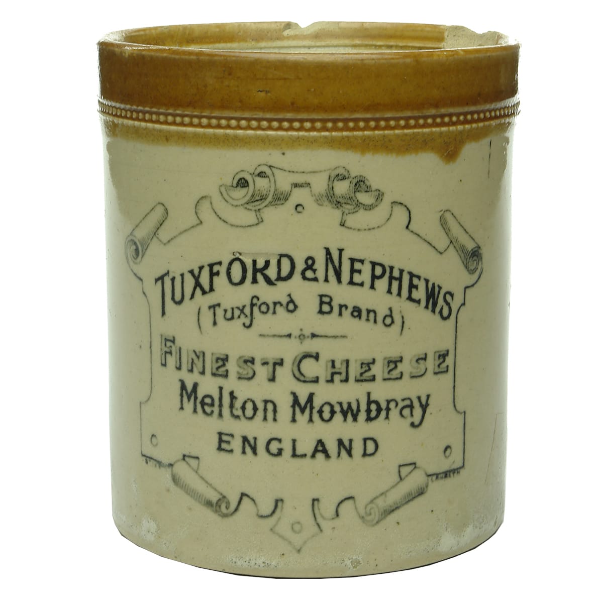 Cheese Jar. Tuxford & Nephew, Finest Cheese, Melton Mowbray, England. Stoneware.