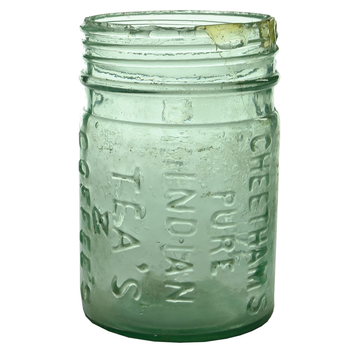 Jar. Cheetham's Tea's & Coffee's, 129 Grenfell St, Adelaide. Aqua. 2 Pound. (South Australia)