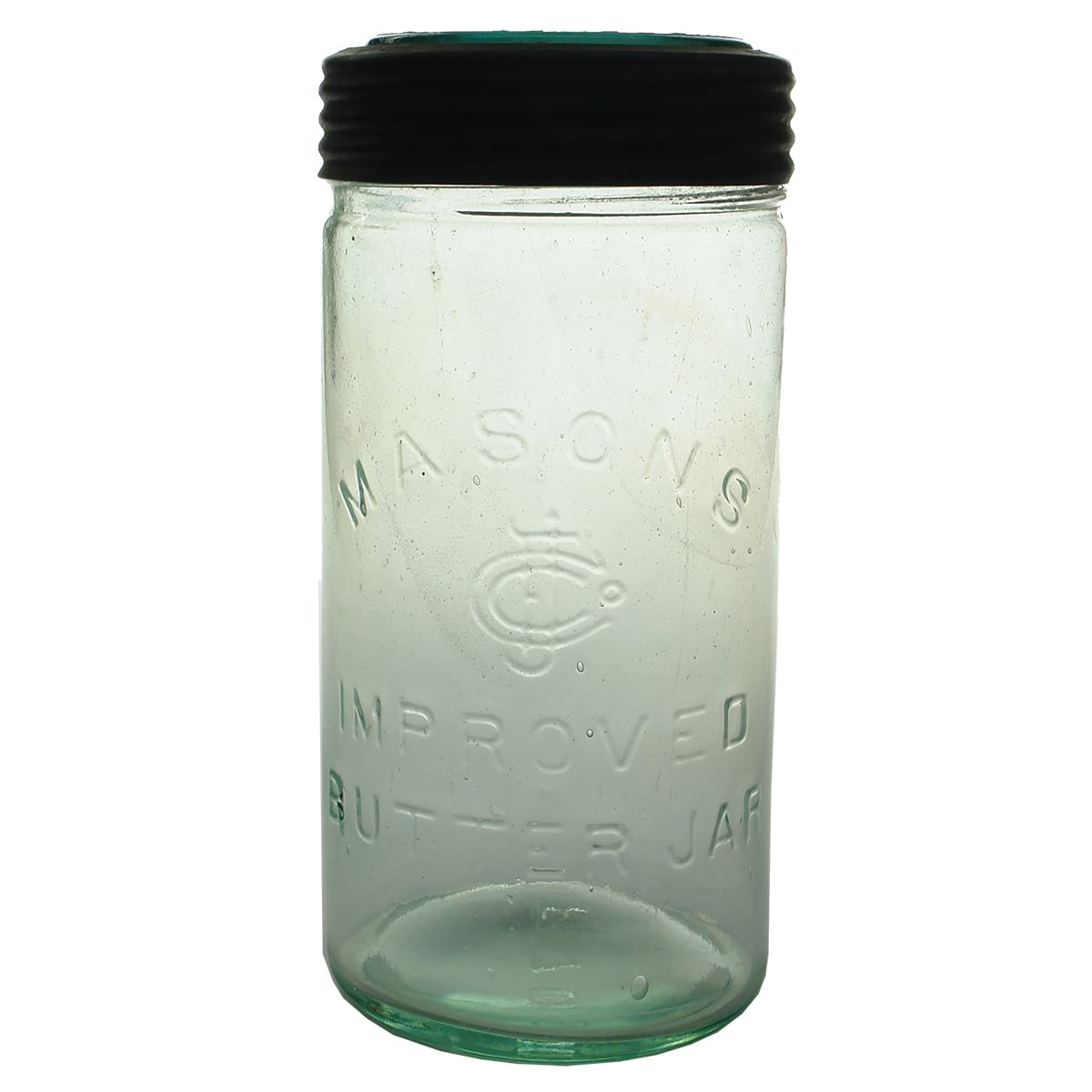 Butter Jar. Mason's Improved. Original Lid. Aqua. Half Gallon.