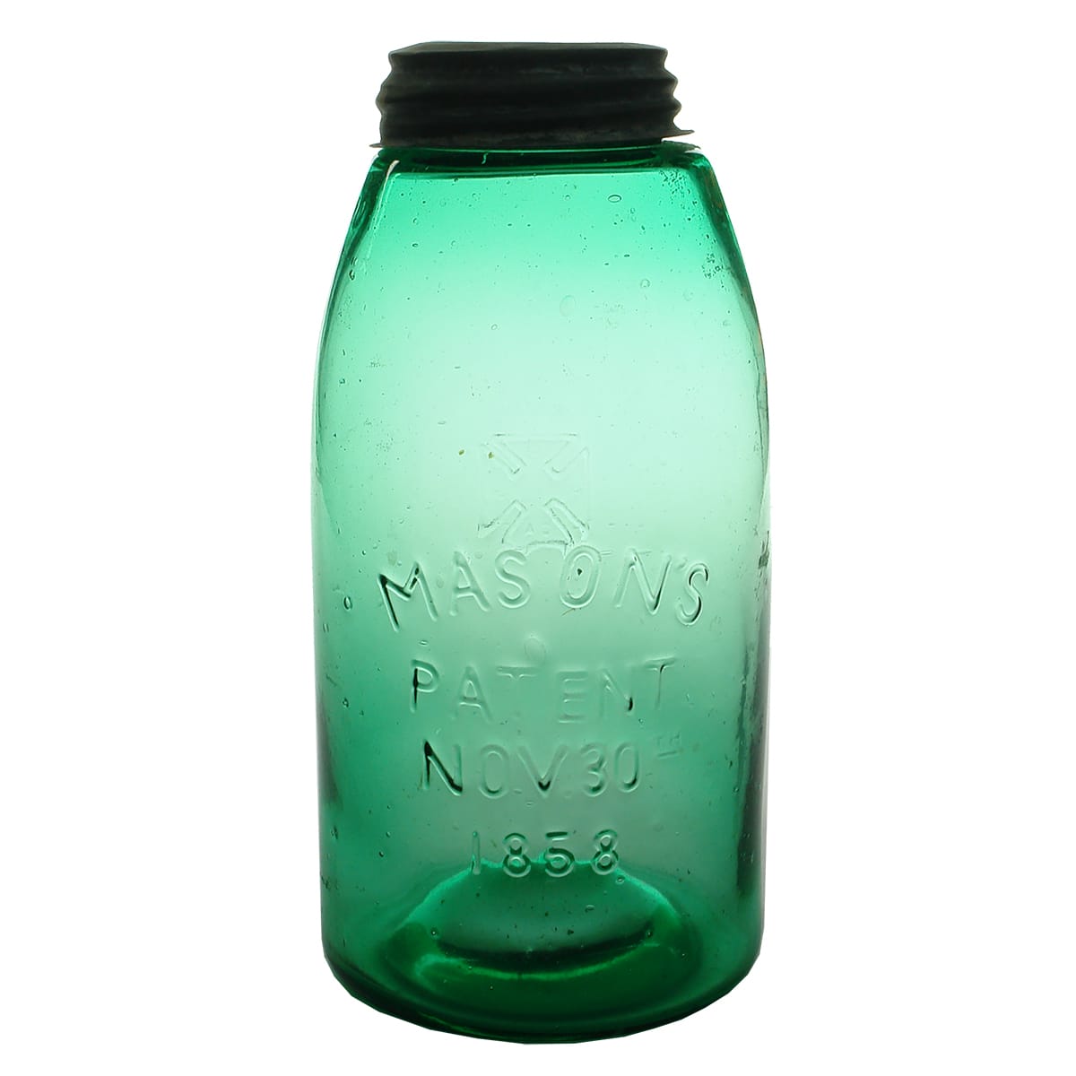 Reproduction Fruit Jar. Mason's Patent 1858. Hero Cross. Mid Green. Half Gallon.