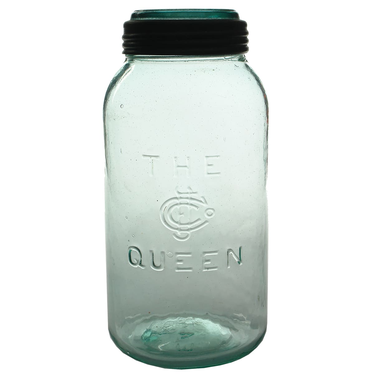 Fruit Jar. The Queen. CFJ Co. Aqua. Half Gallon.