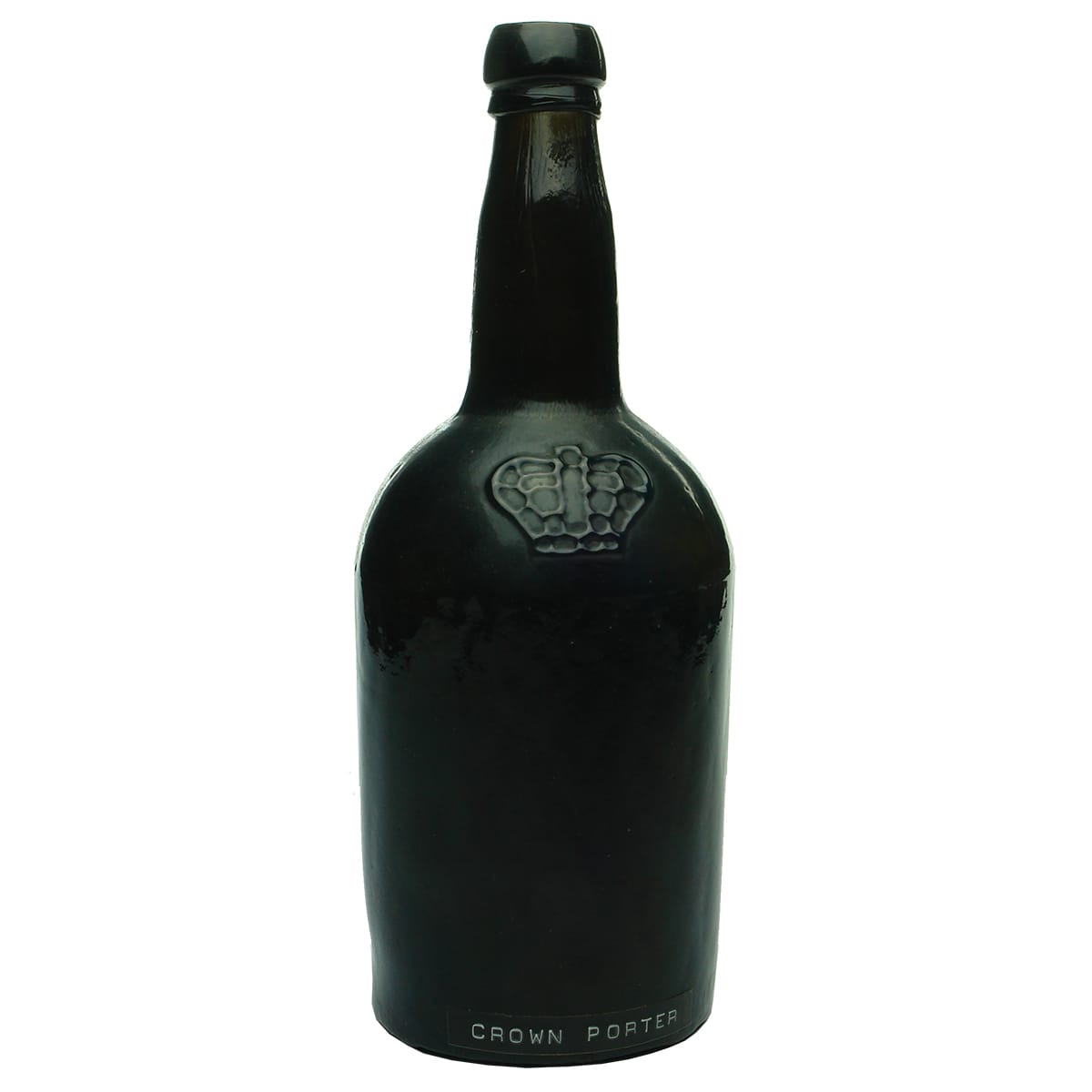 Black Glass. Crown on Shoulder. 26 oz. Squat shape.