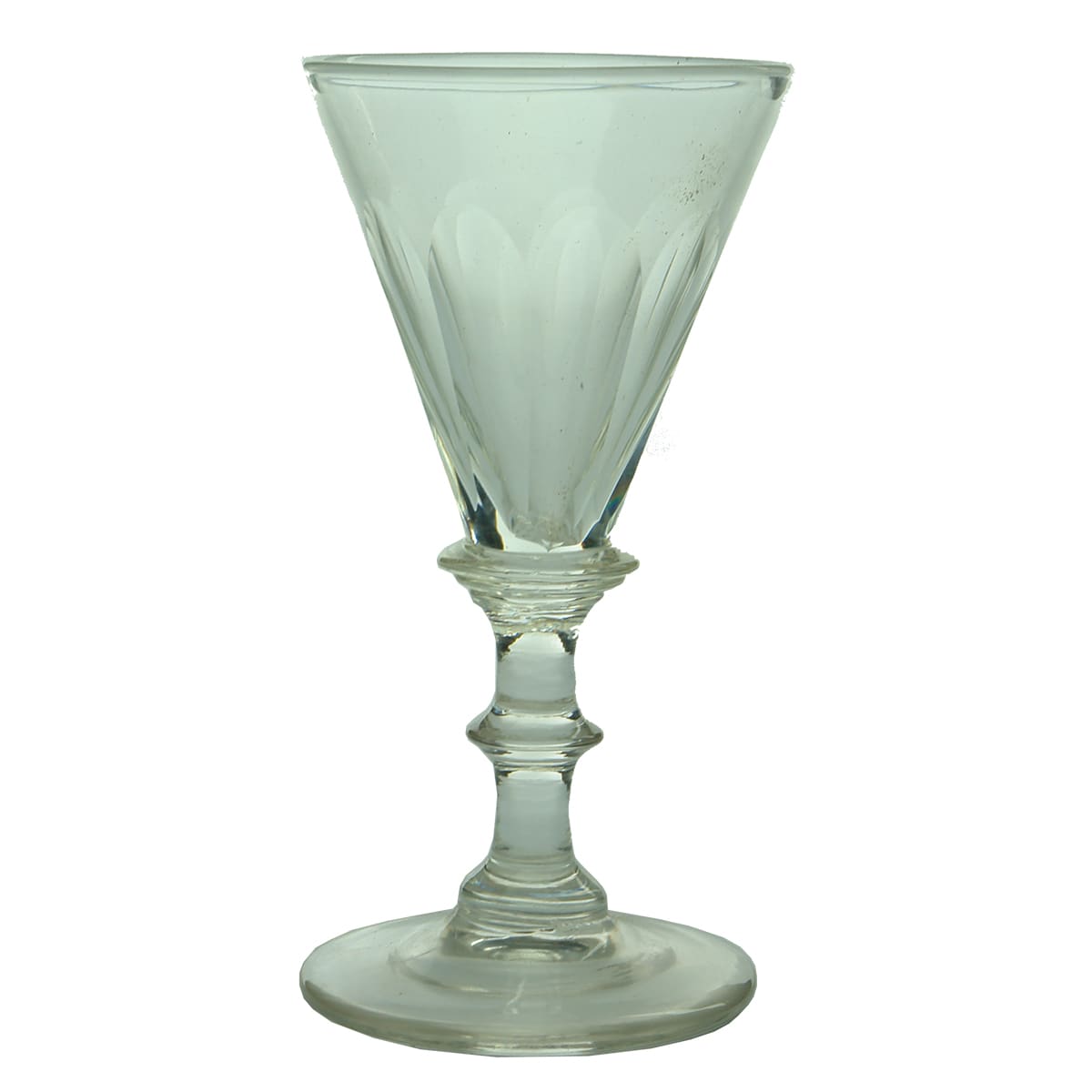 Glass. Facetted trumpet bowl Georgian glass with double knop stem and polished pontil.