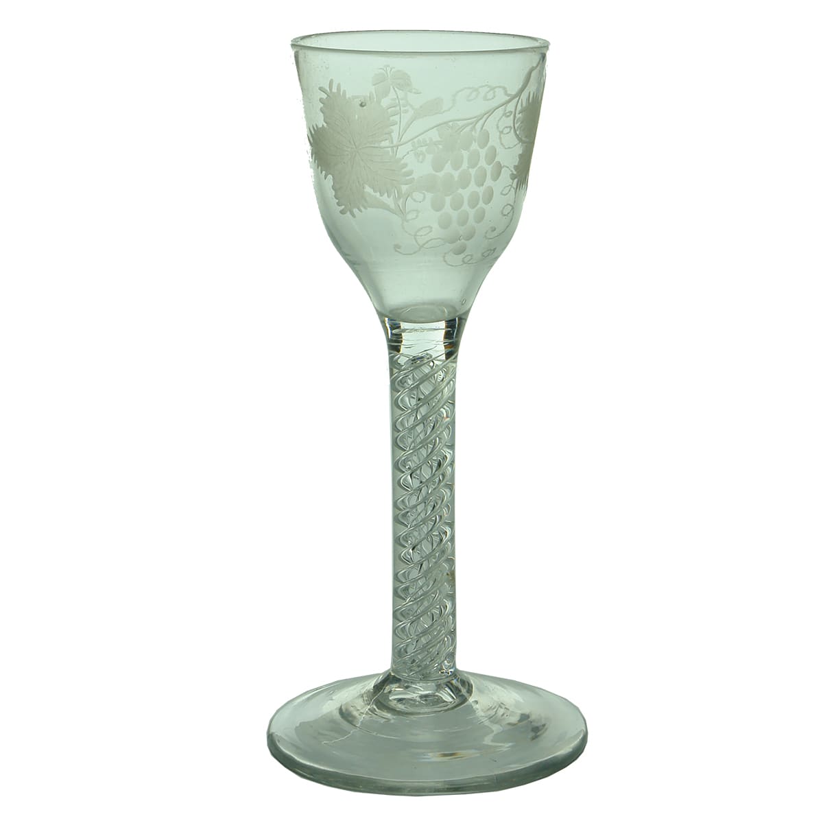 Glass. Georgian air twisted stem. Etched grapes and flower with leaves.