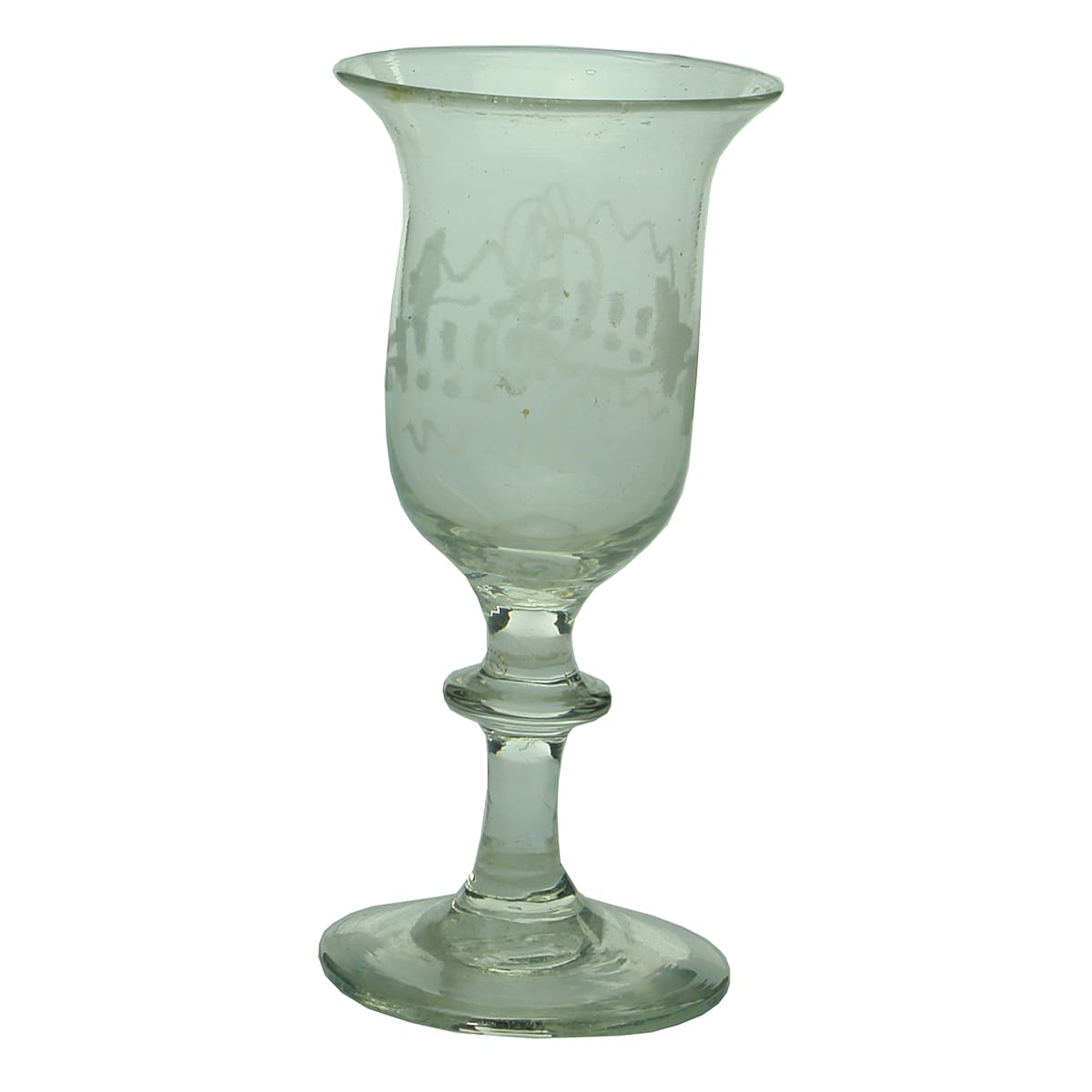 Early Glass. Georgian Tulip Bowl Glass with Single Blade Knop to Stem and Pontil.