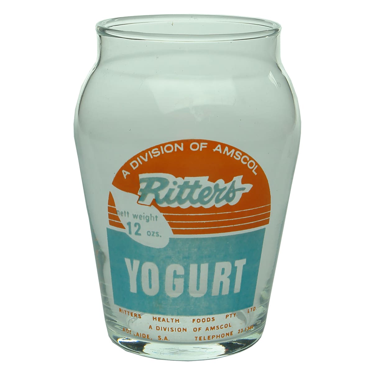 Jar. Ritters Yogurt, AMSCOL, Adelaide. Orange and Teal Print. 12 oz. (South Australia)