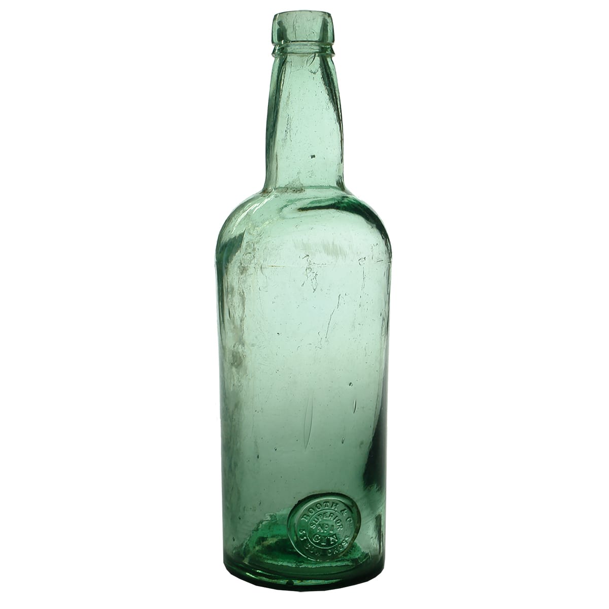 Gin. Booth & Co, 55 Cow Cross.  Applied seal. Aqua. 26 oz.