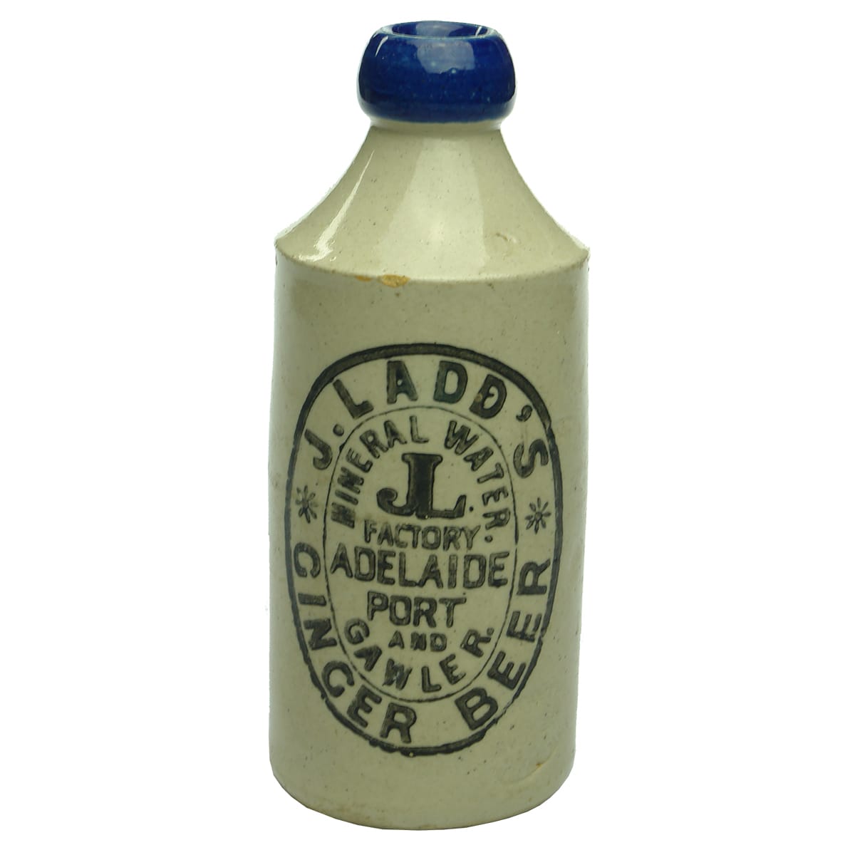 Ginger Beer. J. Ladd's, Adelaide, Port and Gawler. Cork stopper. Blue Lip. Mauri Bros & Thomson. 10 oz. (South Australia)