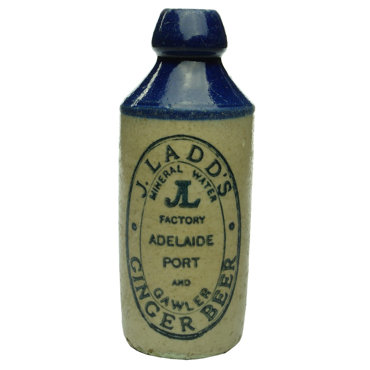 Ginger Beer.  J. Ladd, Adelaide, Port and Gawler.  No potters stamp. Blue Top.  10 oz. (South Australia)