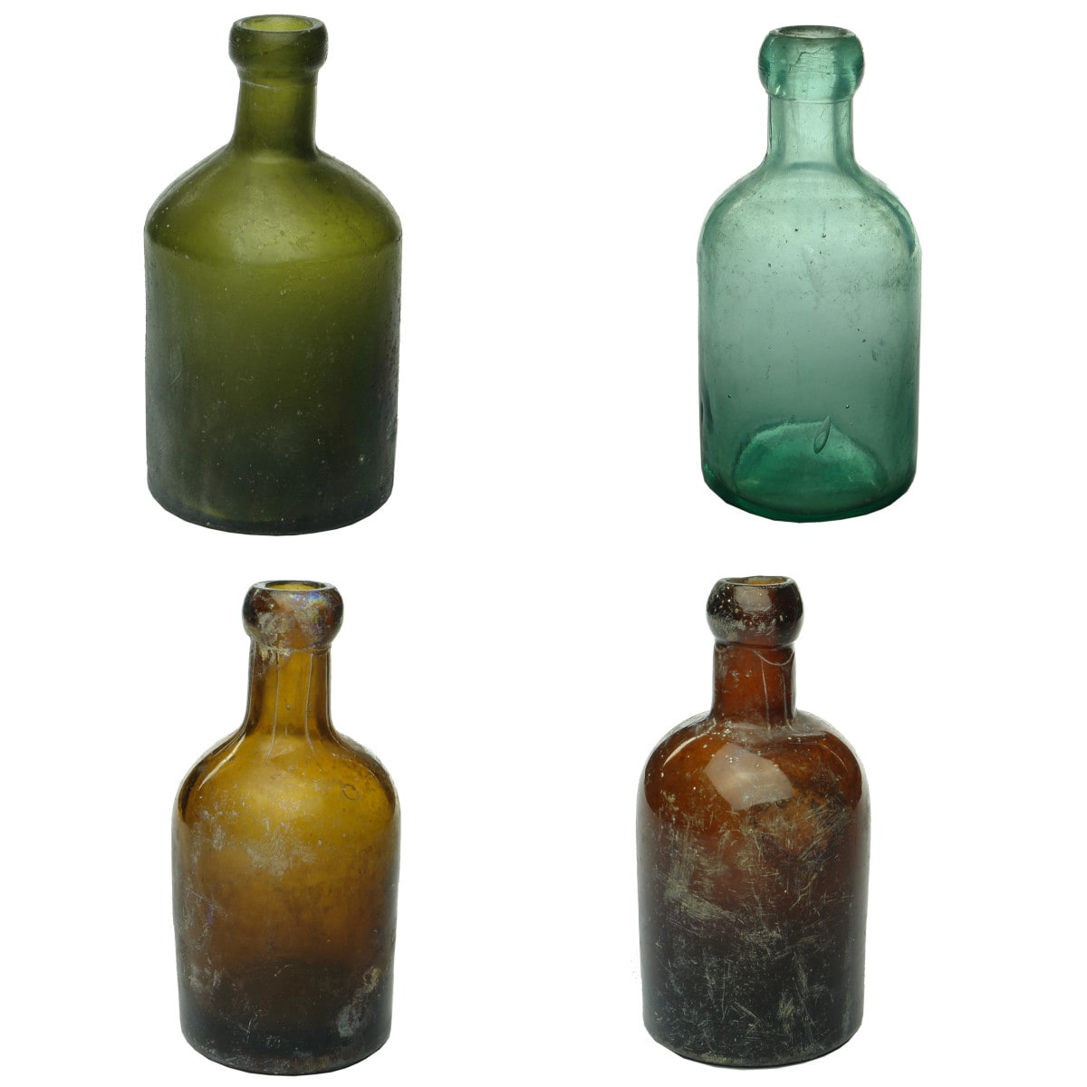 Four plain dump Blob Top Sodas. Green, Aqua and 2 x Amber.