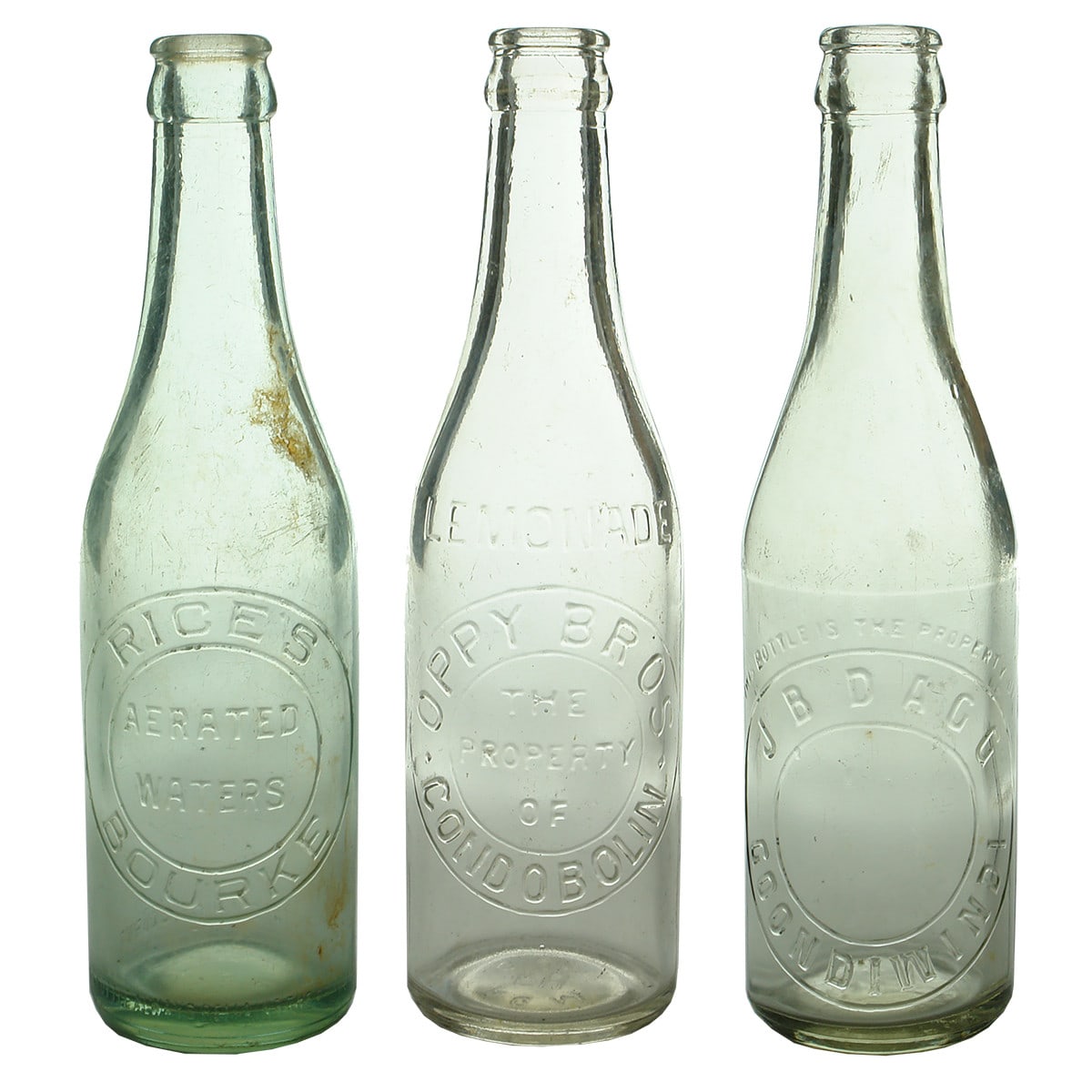 3 Crown Seals. Rice's, Bourke; Oppy Bros., Condobolin; Dagg, Goondiwindi. Aqua & Clear. 10 oz. (New South Wales & Queensland)