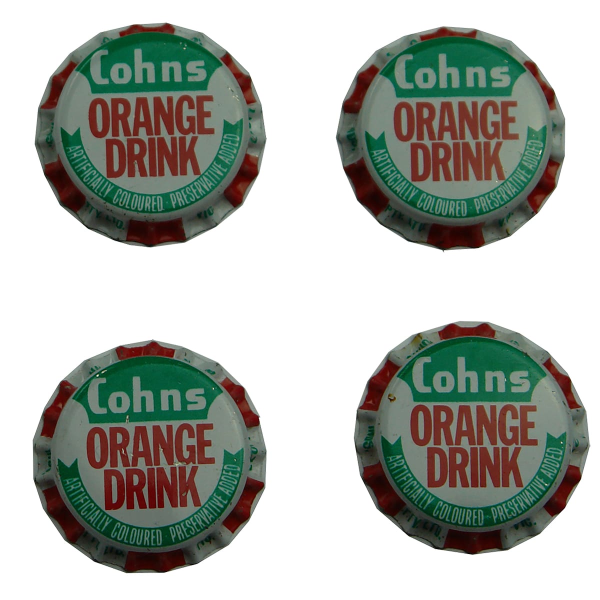 Crown Seal Caps.  4 x Cohns Orange Drink Caps.