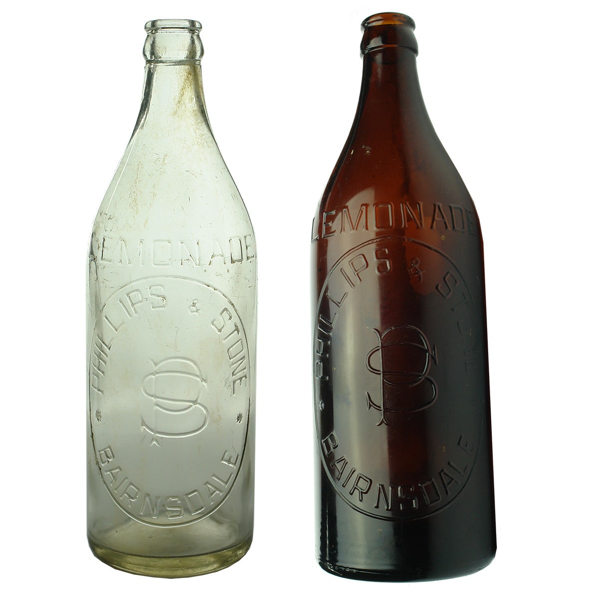 Crown Seal. 2 x Phillips & Stone, Bairnsdale. Clear & Amber. 24 oz. (Victoria)