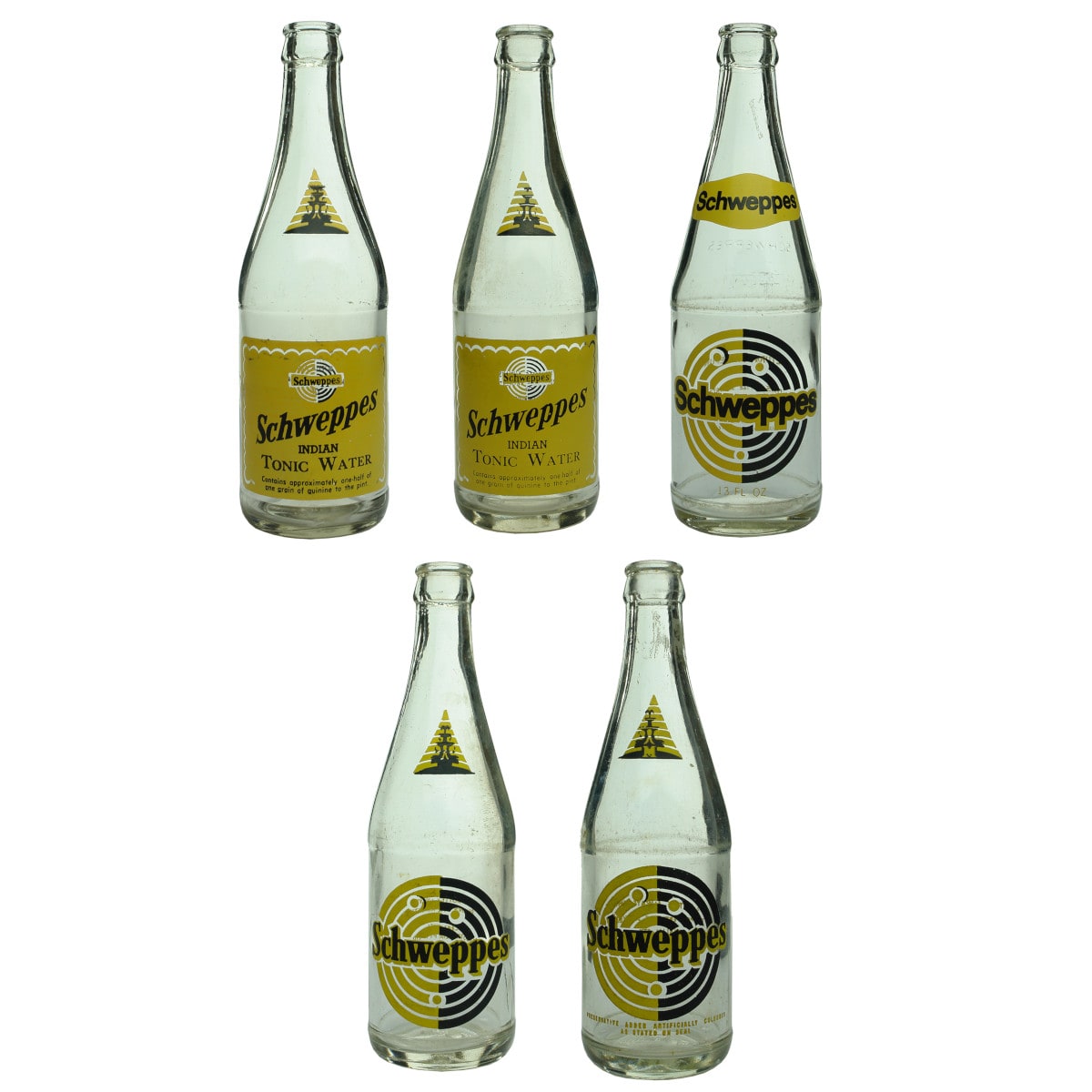 Five variations of 13 oz Schweppes Ceramic Label Crown Seals