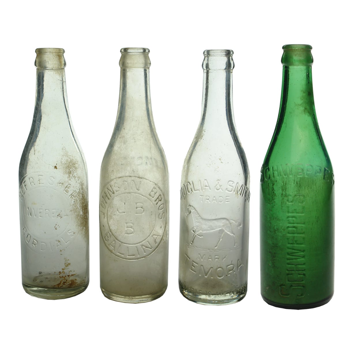 Four Crown Seals: Refresher, Inverell; Johnson Bros., Ballina; Moglia & Smith, Temora; Schweppes. (New South Wales)