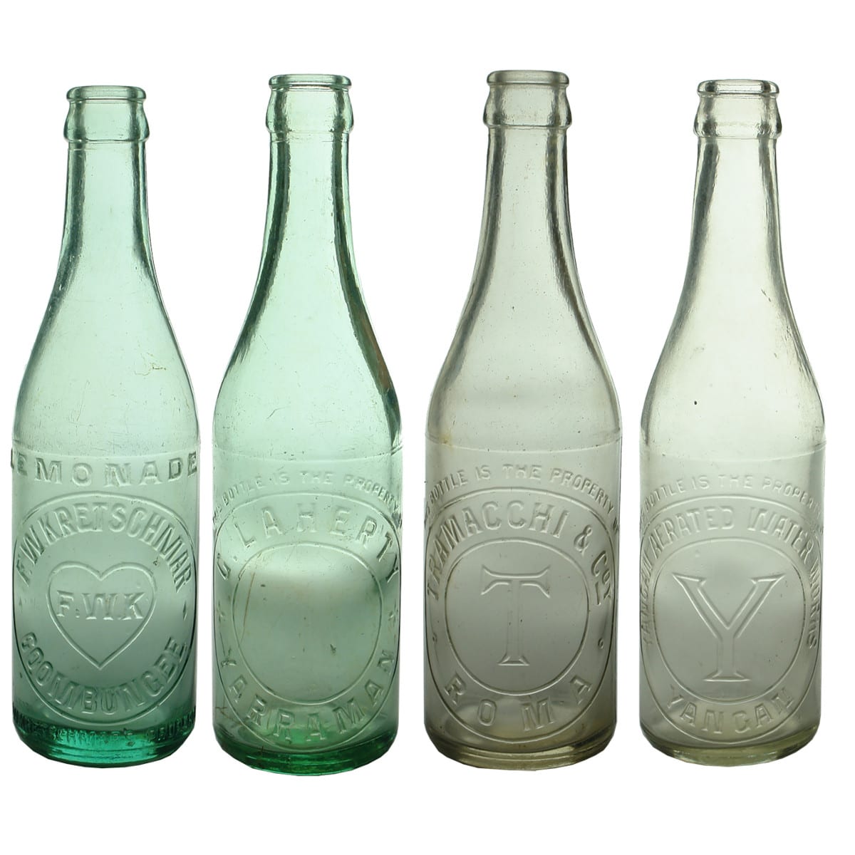 Four Crown Seals. F. W. Kretschmar, Goombungee; Laherty, Yarraman; Tramacchi & Co., Roma; Yangan Aerated Water Works. 10 oz. Aqua & Clear. (Queensland)