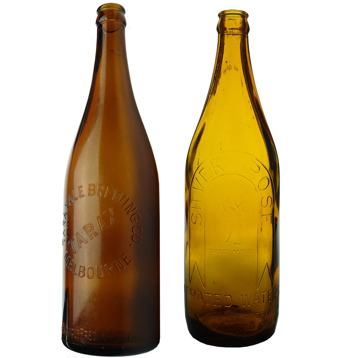 Pair of 26 oz Amber Crown Seals: Taraxale Brewing Co., Melbourne & Silver Rose Aerated Waters, Perth. (Victoria & Western Australia)