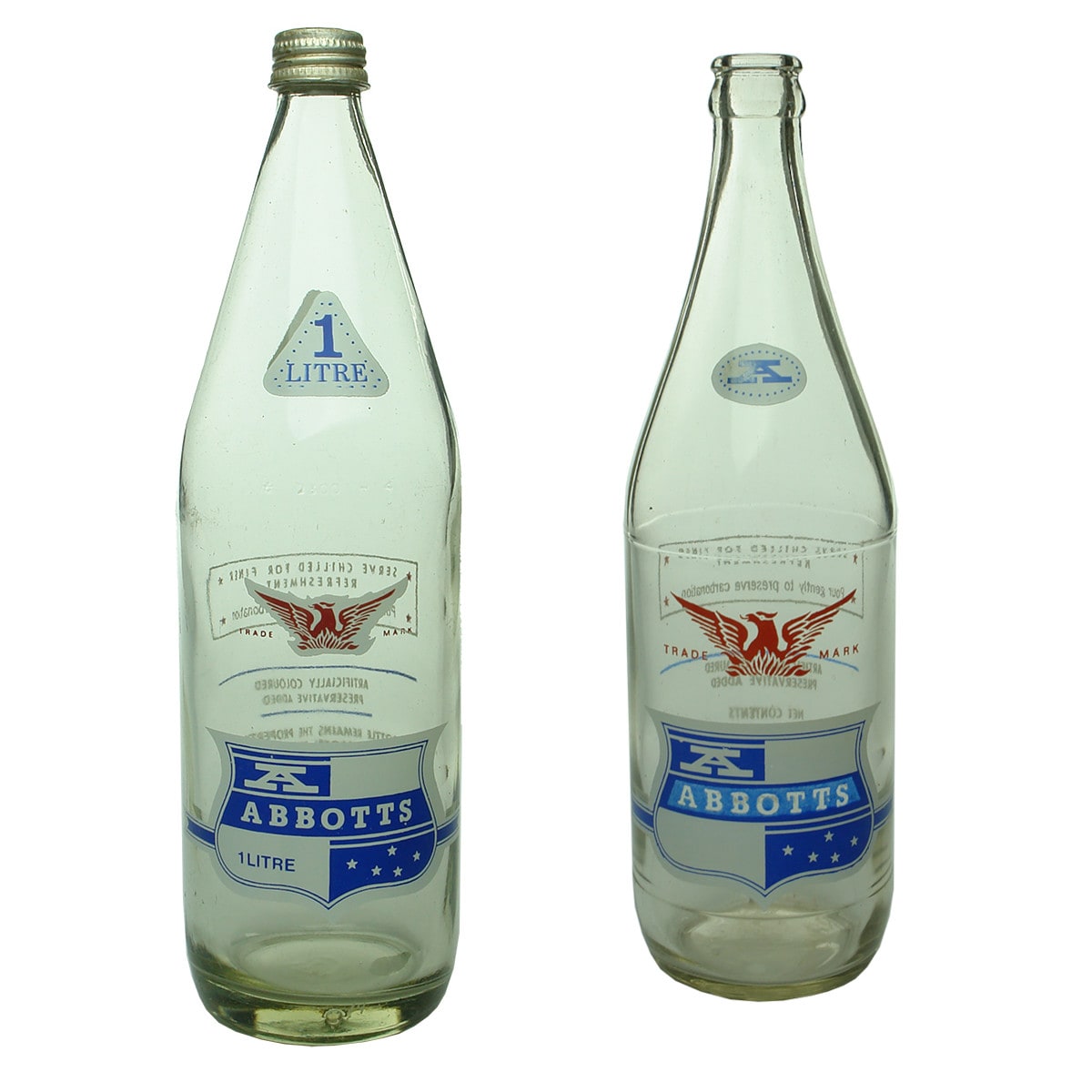 Pair of Abbotts Launceston Ceramic Label Bottles. 1 Litre screw top & 26 oz Crown Seal. (Tasmania)