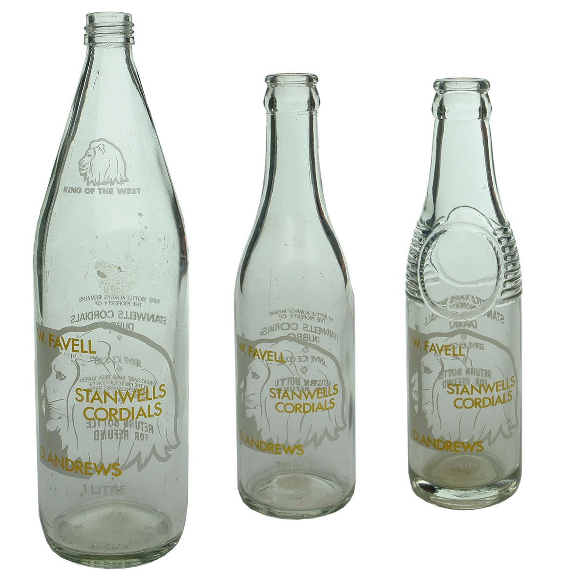 Three Favell & Andrews, Stanwells Cordials, Dubbo bottles. 1 Litre, 285 ml & 200 ml. (New South Wales)