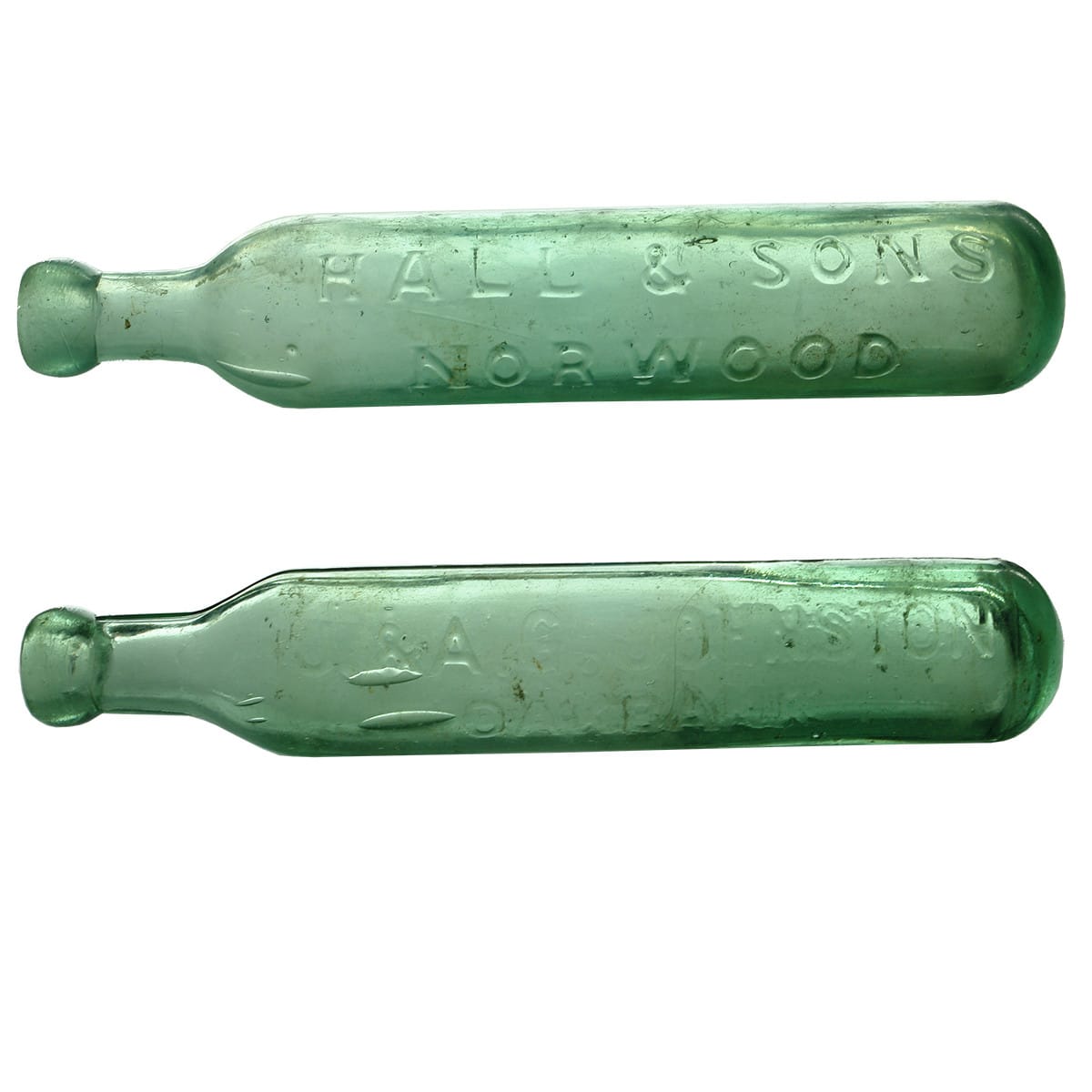 Pair of Maughams. Hall & Sons, Norwood and Johnston, Oakbank. Aqua. 10 oz. (South Australia)