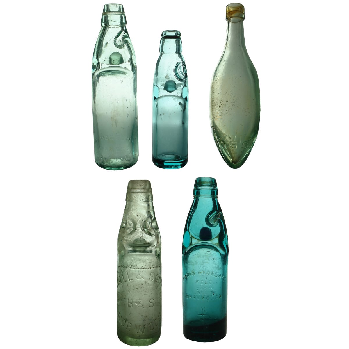 Five Aerated Water Bottles: Four Codds and a Torpedo.