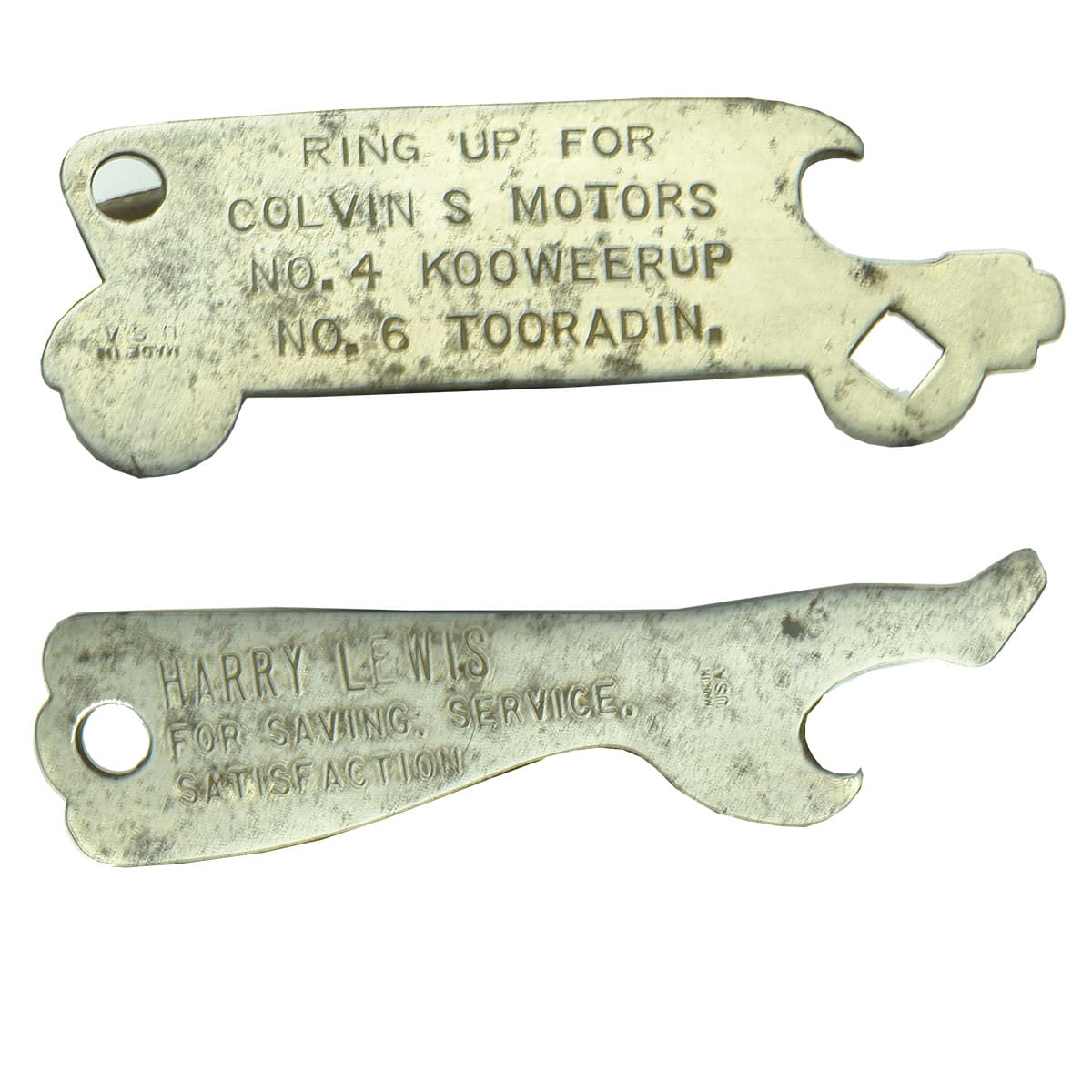 Pair of figural crown seal openers: Colvin S Motors, Kooweerup and Tooradin (Bus Shaped) and Harry Lewis (Leg Shaped).