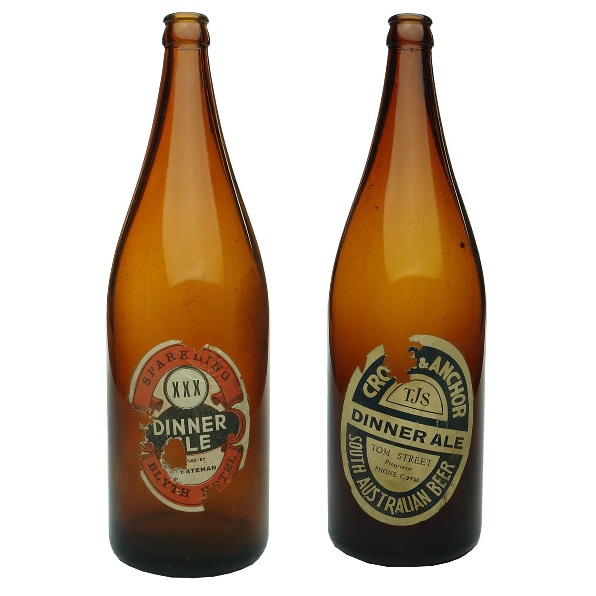 2 x Quart Labelled Beers: Bateman, Blythe Hotel, Dinner Ale; Tom Street, Crown and Anchor South Australian Beer. (South Australia)