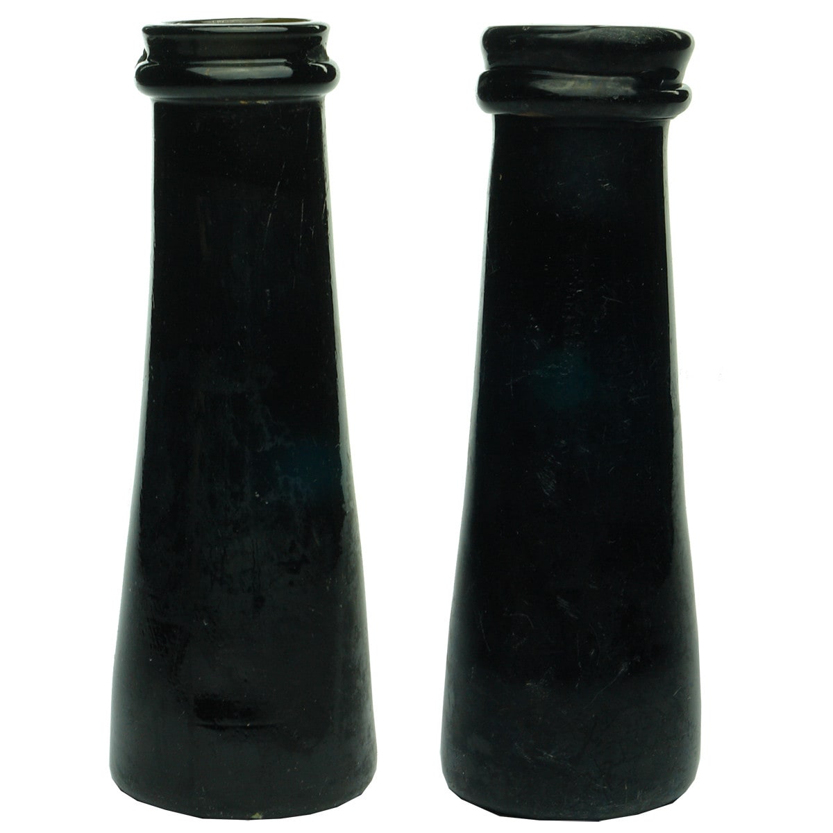 Pair of Black Glass Truffle Jars.  One with green tones and second with red tones.