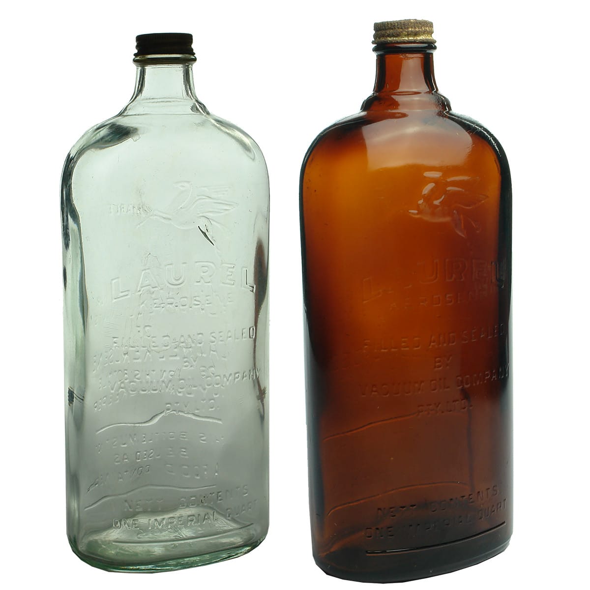 Garaganalia. 2 x Laurel Kersone Bottles, Vacuum Oil Company, Aqua and Amber.