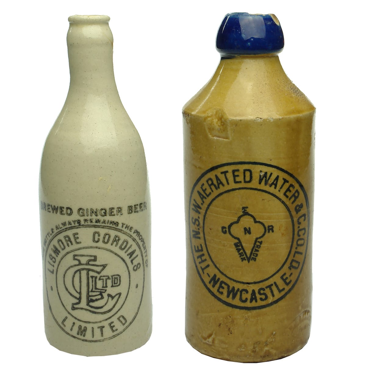 Pair of Ginger Beers. Lismore Cordials & NSW Aerated Water Co., Newcastle. (New South Wales)