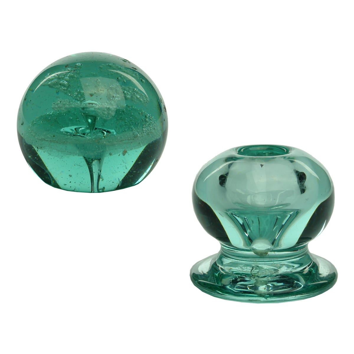 Two Victorian Green Glass Paperweights: Flower Pot Design and Inkwell Paperweight.