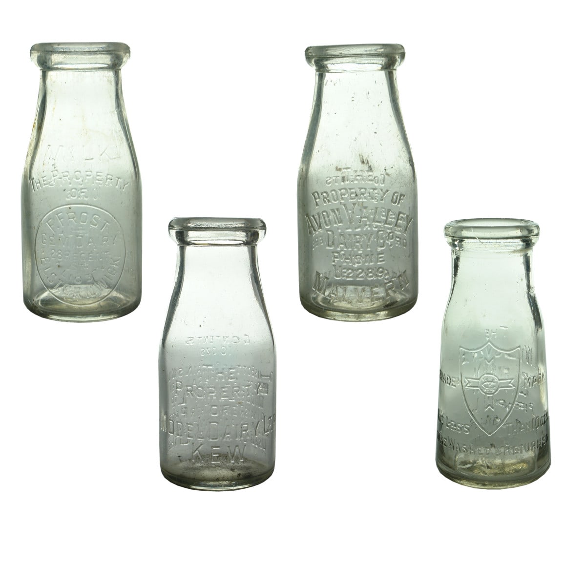 Four 10 oz Milk / Cream bottles. Frost, Elsternwick; Model Dairy, Kew; Avon Valley Dairy, Malvern; Willsmere, Melbourne. (Victoria)