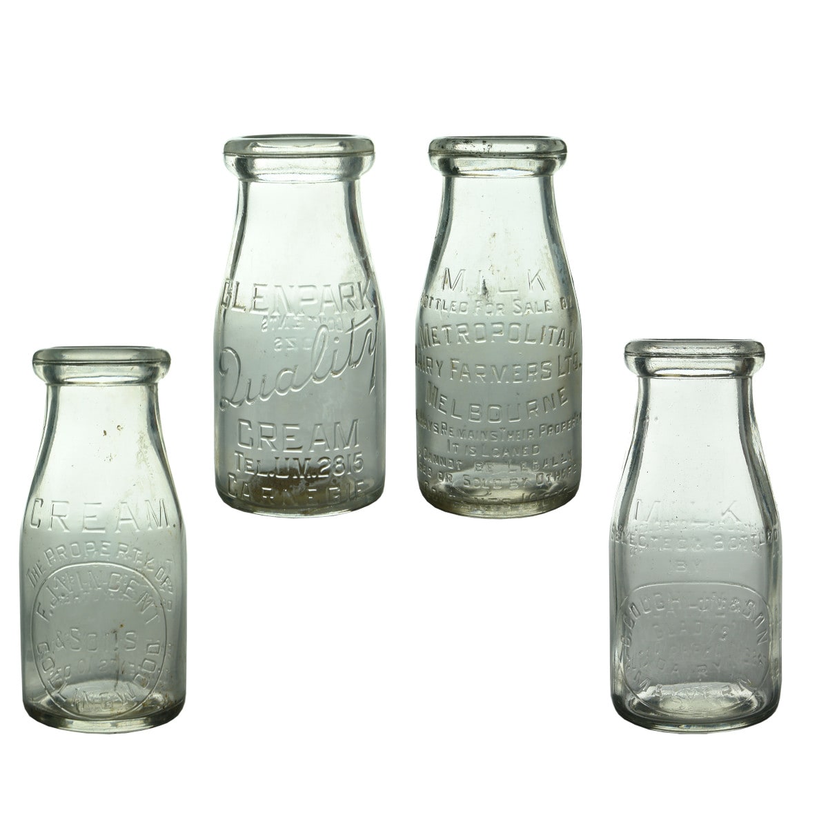 Four 8 - 10 oz Milk / Cream Bottles: Vincent, Collingwood; Glenpark, Carnegie; Metropolitan Dairy Farmers; Coughlin, Malvern. (Victoria)