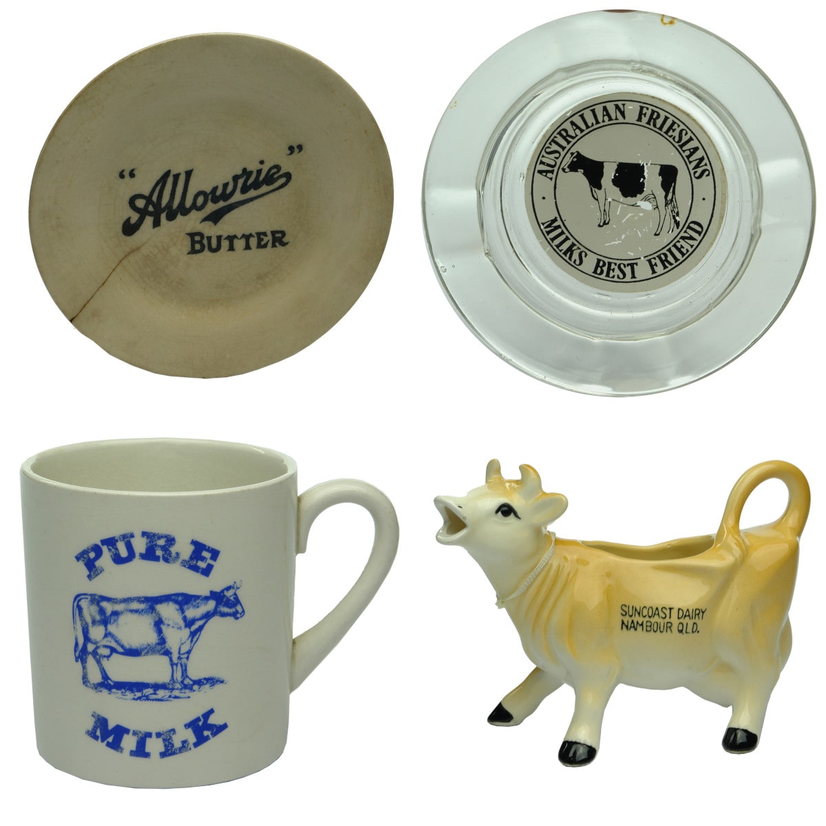 Four Dairy/Milk Advertising and Promotional Items:  "Allowrie" Butter plate; Australian Friesians Ashtray; Pure Milk Cup; Suncoast Dairy Jug.