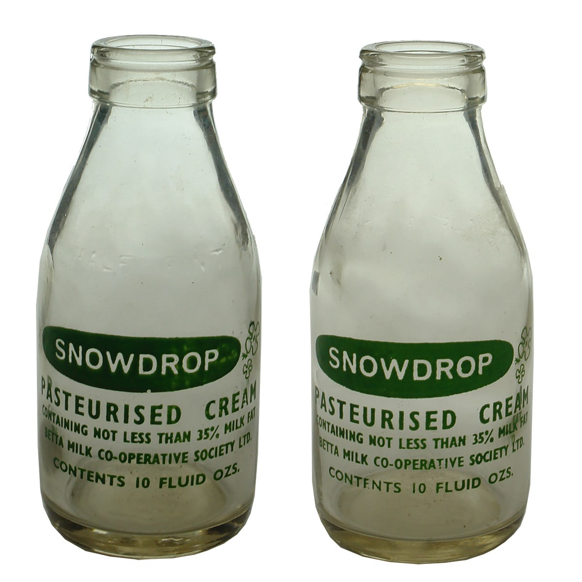 Pair of Creams. Snowdrop, Betta Milk Co-op Society Ltd. Green Ceramic Label. Half Pint. (Tasmania)