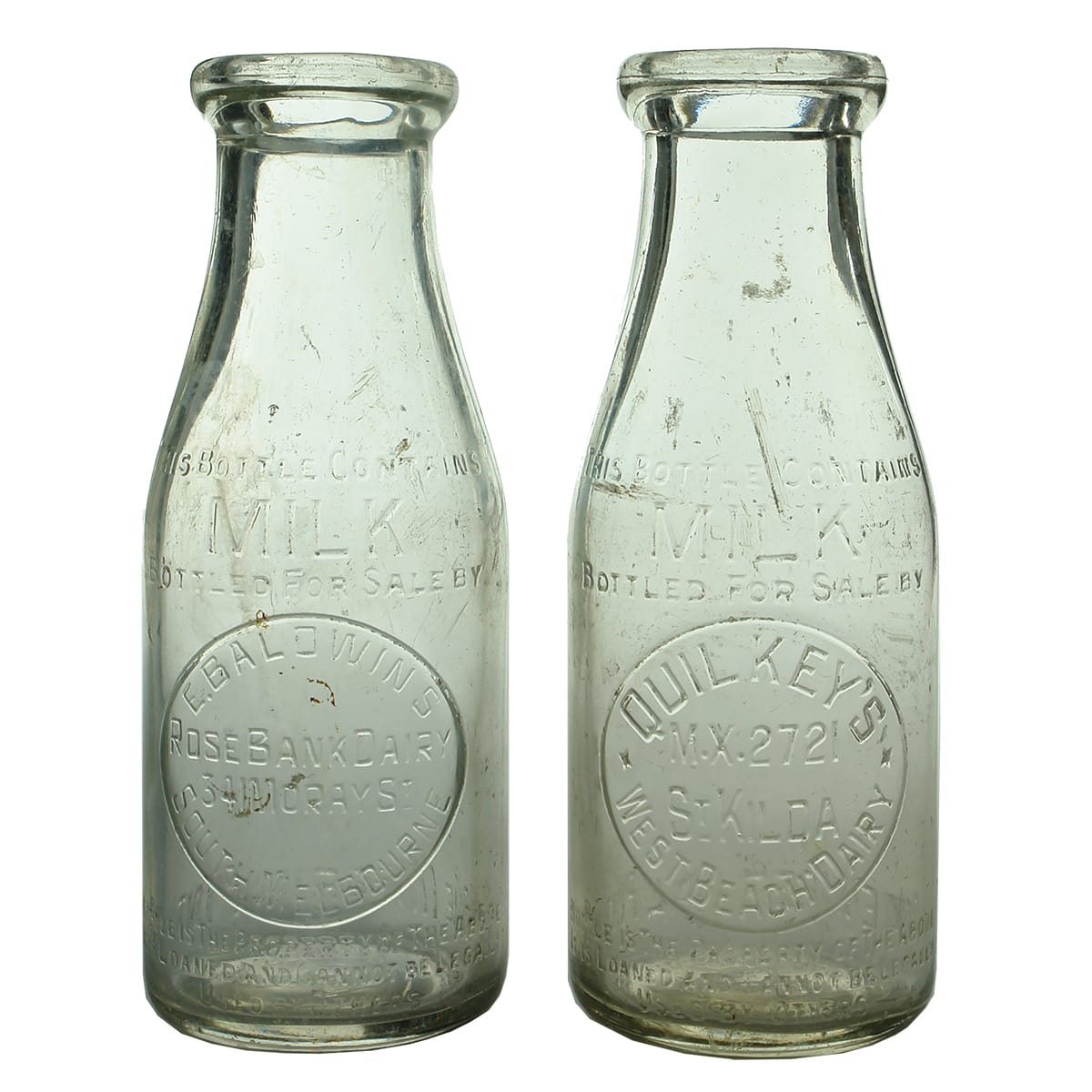 Milks x 2. E. Baldwin's Rose Bank Dairy, South Melbourne; Quilkey's West beach Dairy, St. Kilda. (Victoria)