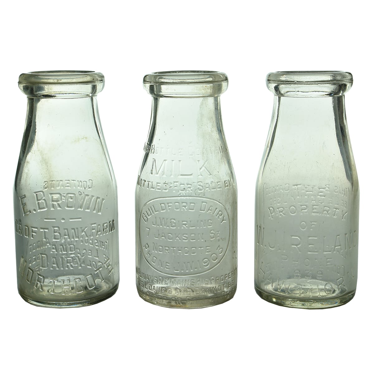 Milks x 3. E. Brown, Croft Bank Farm and Dairy, Northcote; J. W. Girling, Guildford Dairy, Northcote; W. J. Ireland, Hawthorn. (Victoria)