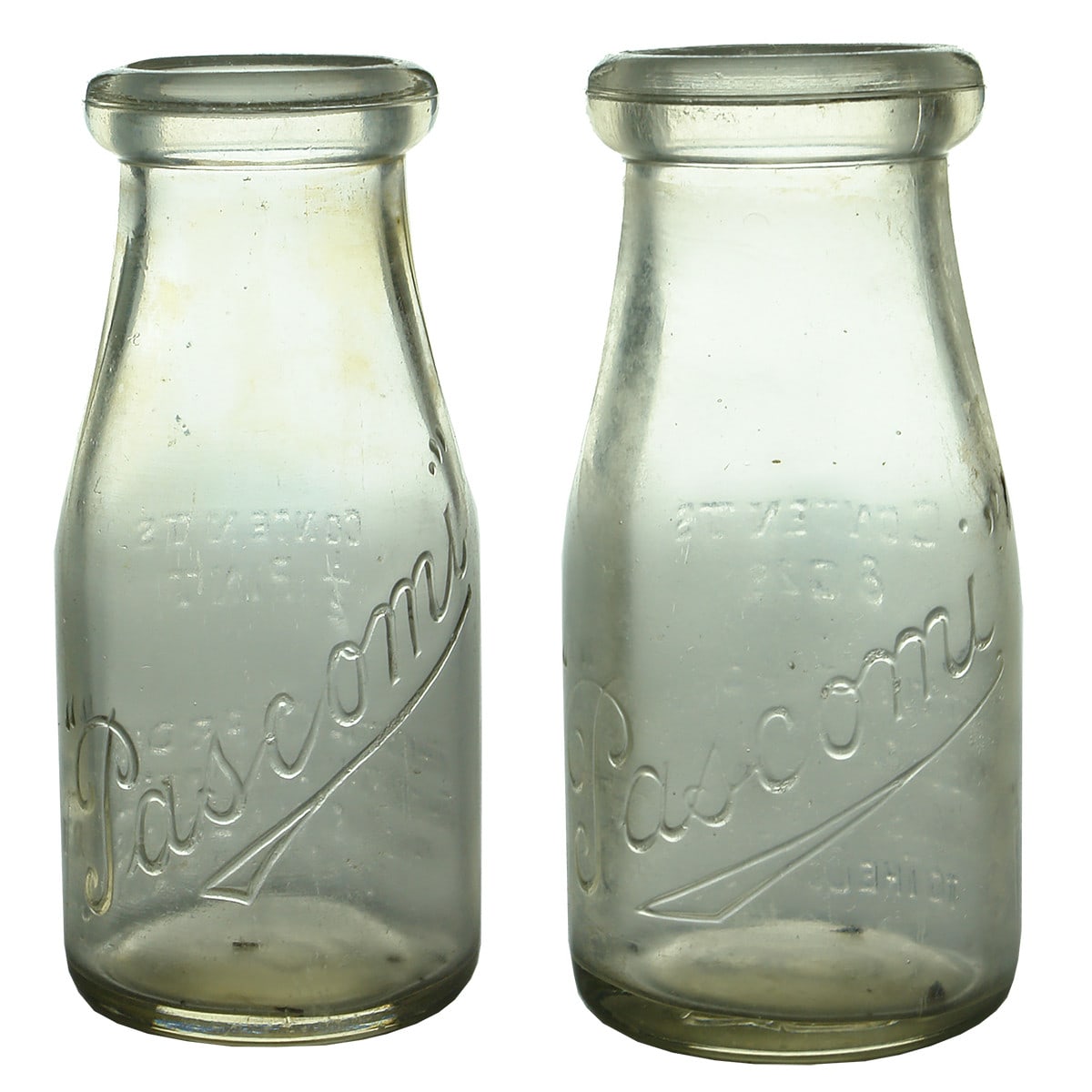 Pair of Pascomi, Westralian Farmers Limited Milk Bottles. 1/2 Pint & 8 oz. (Western Australia)