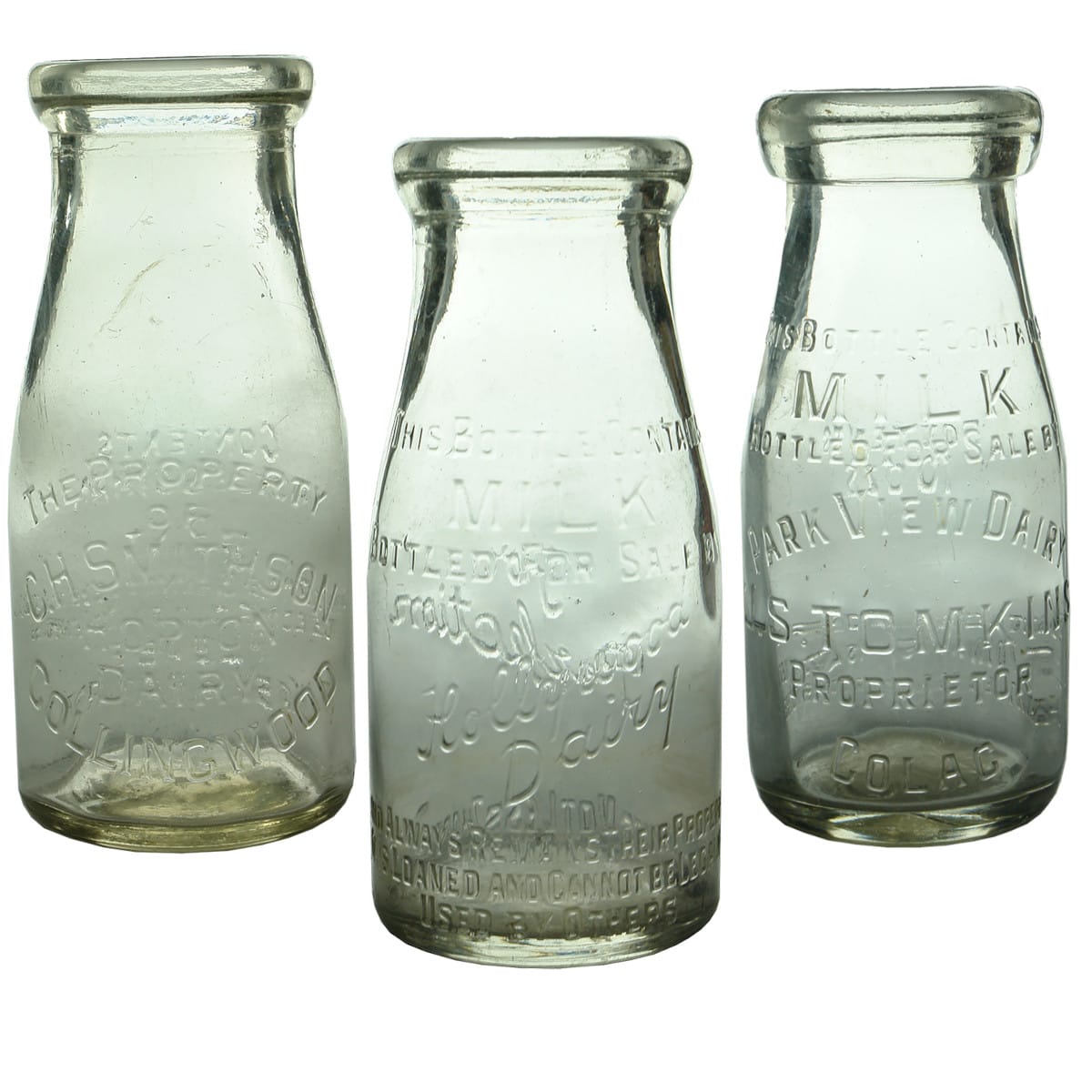 Three Half Pint Milk / Cream Bottles: Smithson, Collingwood; Hollywood Dairy; Tomkins, Colac. (Victoria)