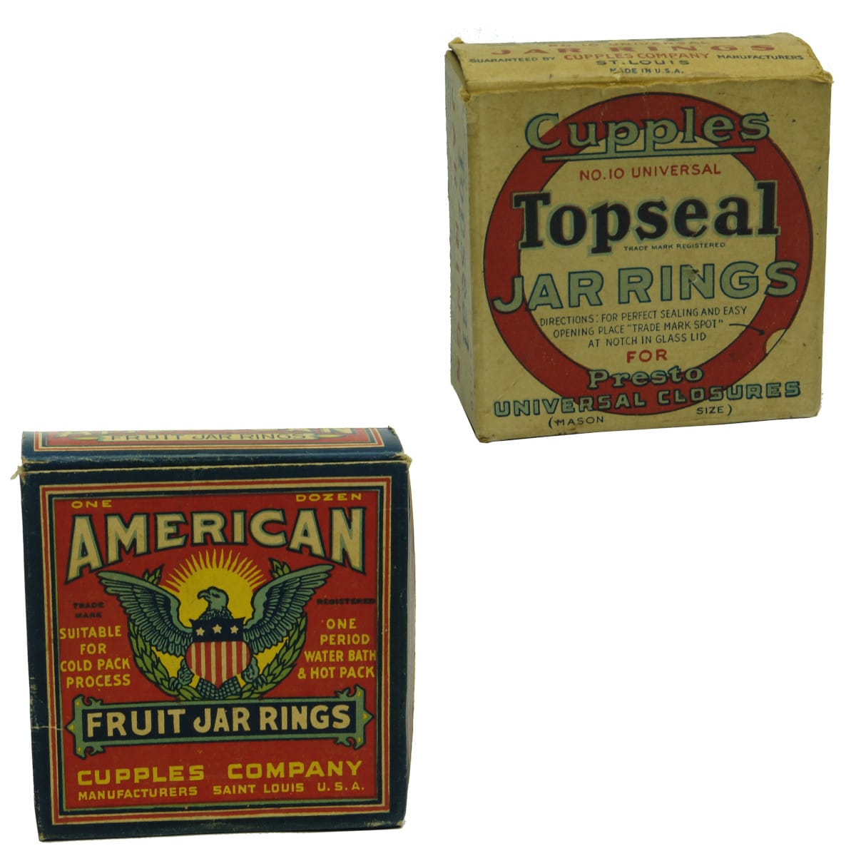 Pair of boxes of Fruit Jar Rings both from the Cupples Company St Louis: American Fruit Jar Rings and Topseal Jar Rings.