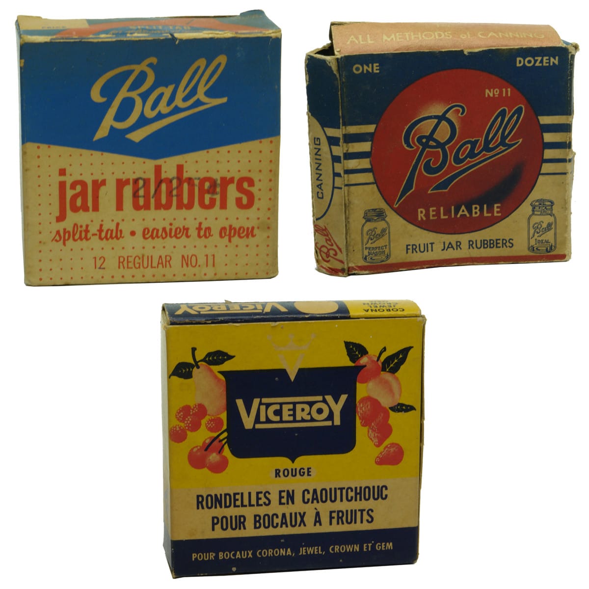 Three boxes Fruit Jar sealing rings. Ball Jar Rubbers, Split Tab; Ball Reliable Fruit Jar Rubbers; Viceroy Rubber Fruit Jar Rings.