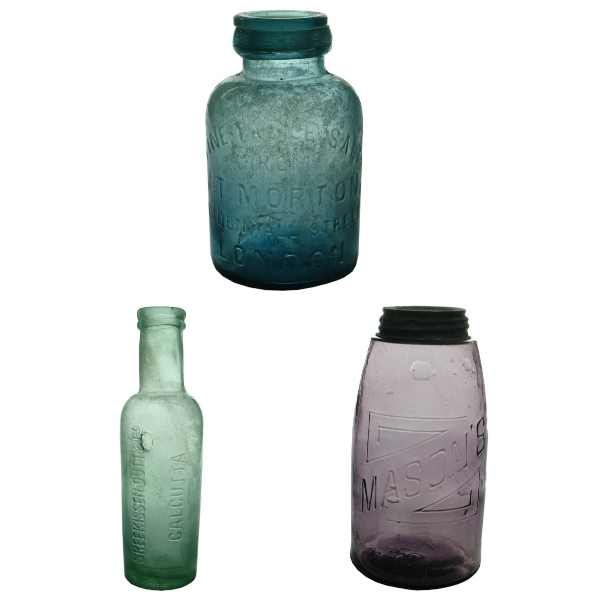 Three Household Jars: Morton, Salt, London; Sreekissen, Dutt & Co., Calcutta; Mason's half gallon Amethyst.